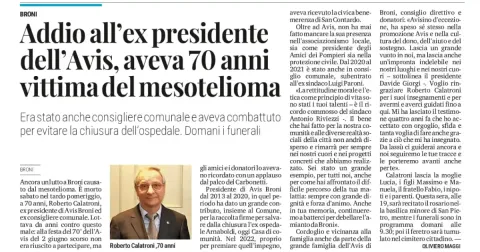 Addio all'ex presidente dell'Avis, aveva 70 anni. Vittima del mesotelioma