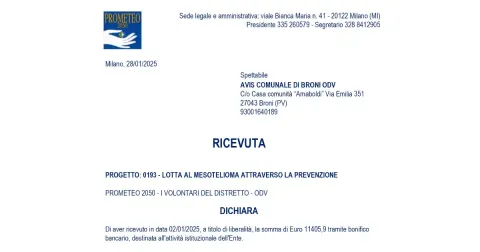 Un calcio al Mesotelioma - Donazione Prometeo 2050